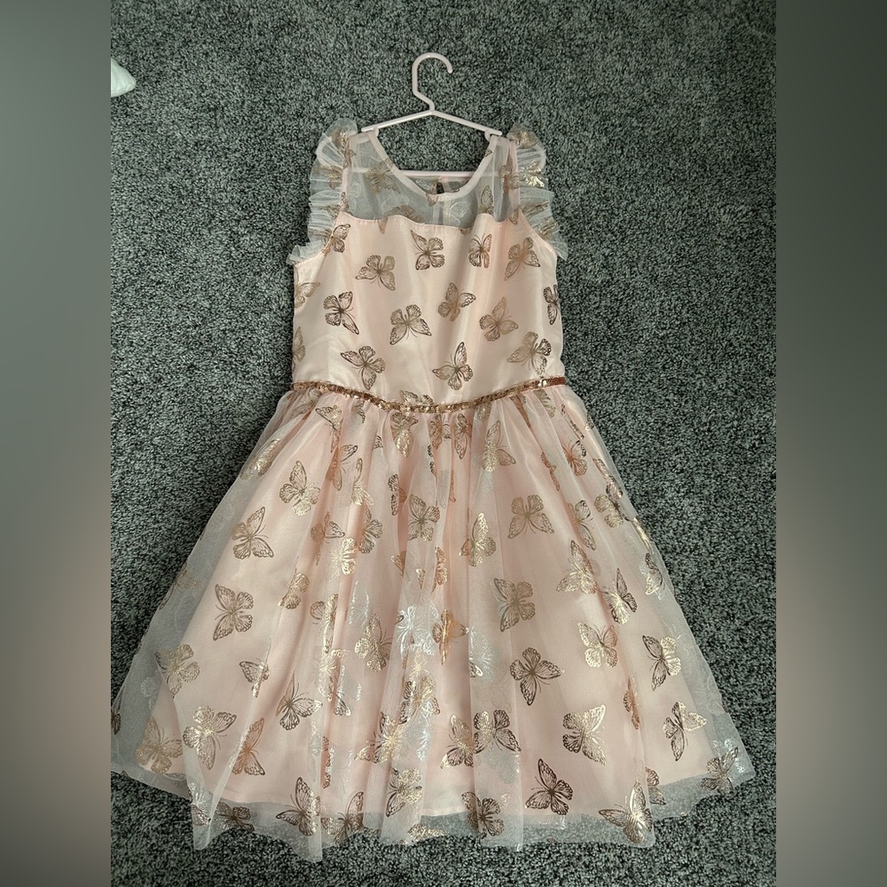 Lilt girls size 14 pink flutter sleeve tulle skirt with rose gold butterfly